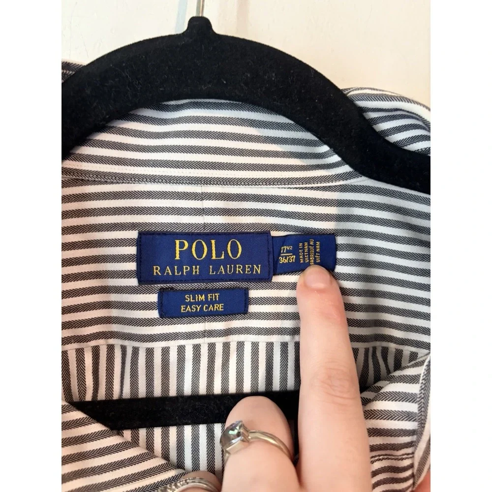 Polo Ralph Lauren Slim Fit Easy Care Dress Shirt 17.5 36/37 Blue White Stripe XL